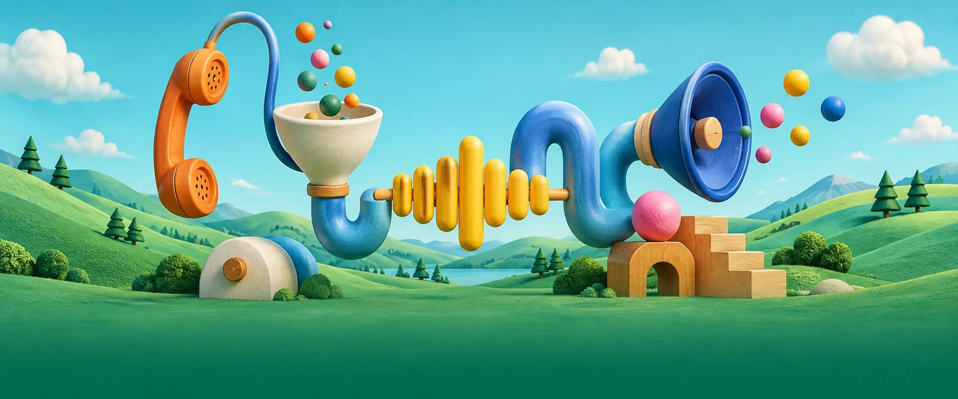 A playful voice machine with a telephone, sound waves, and a speaker among green hills